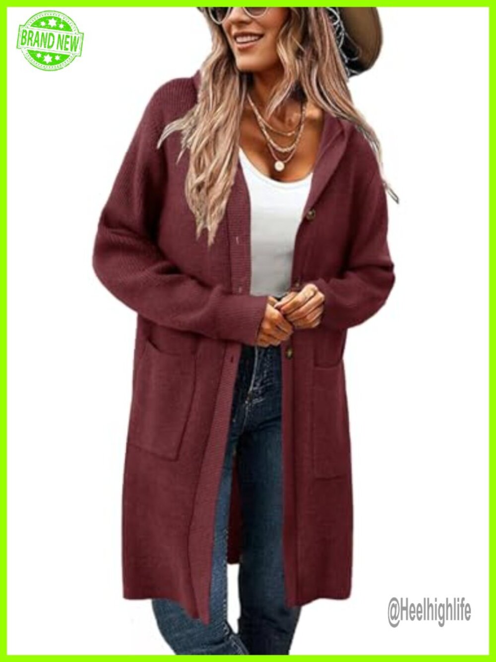 Hooded Knit Cardigan Long Sleeve Button Down Sweater with Pockets